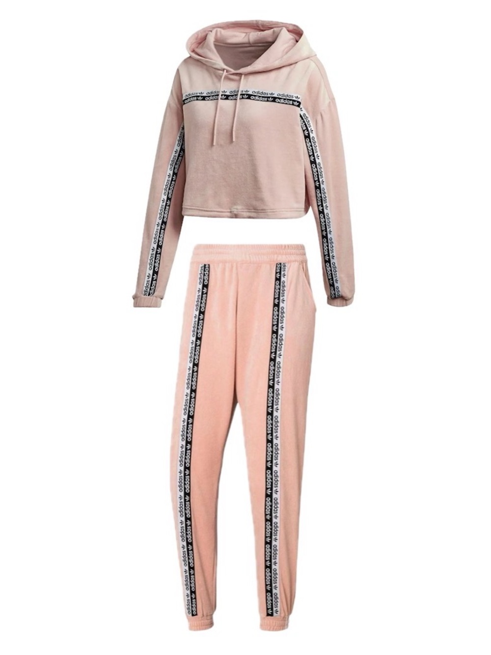 Pink Adidas Track Suit Velour Material Matching Set Sweatsuit Set Pant + Hoodie
